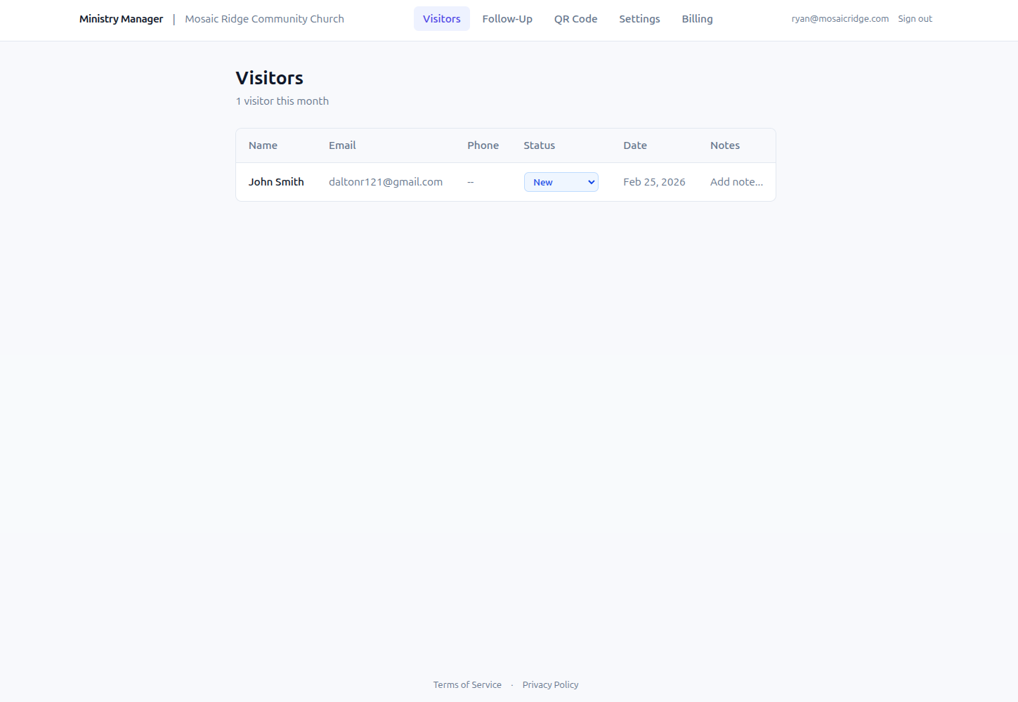 Ministry Manager dashboard showing visitor list with name, email, status, and notes